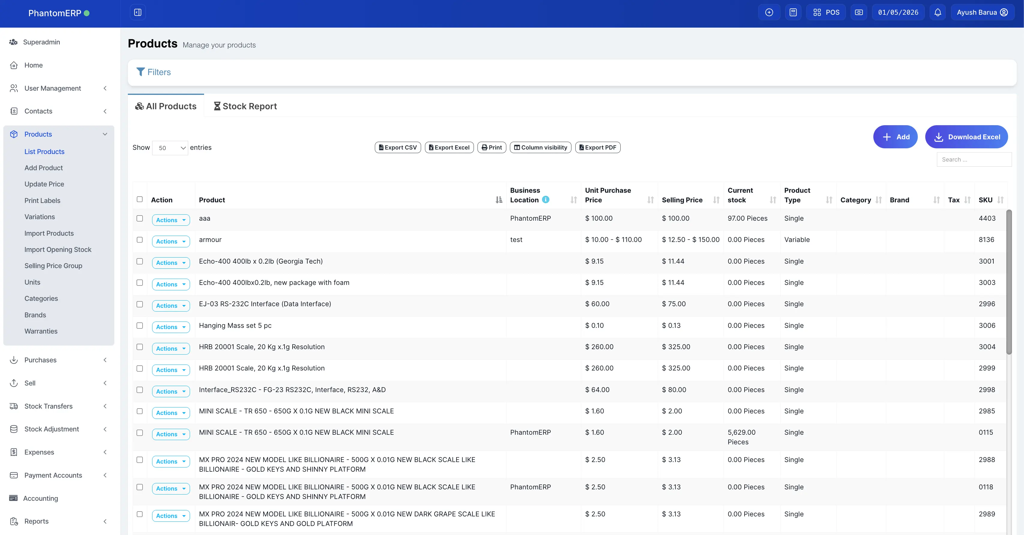 Inventory screen: stock overview, locations, transfers, and alerts