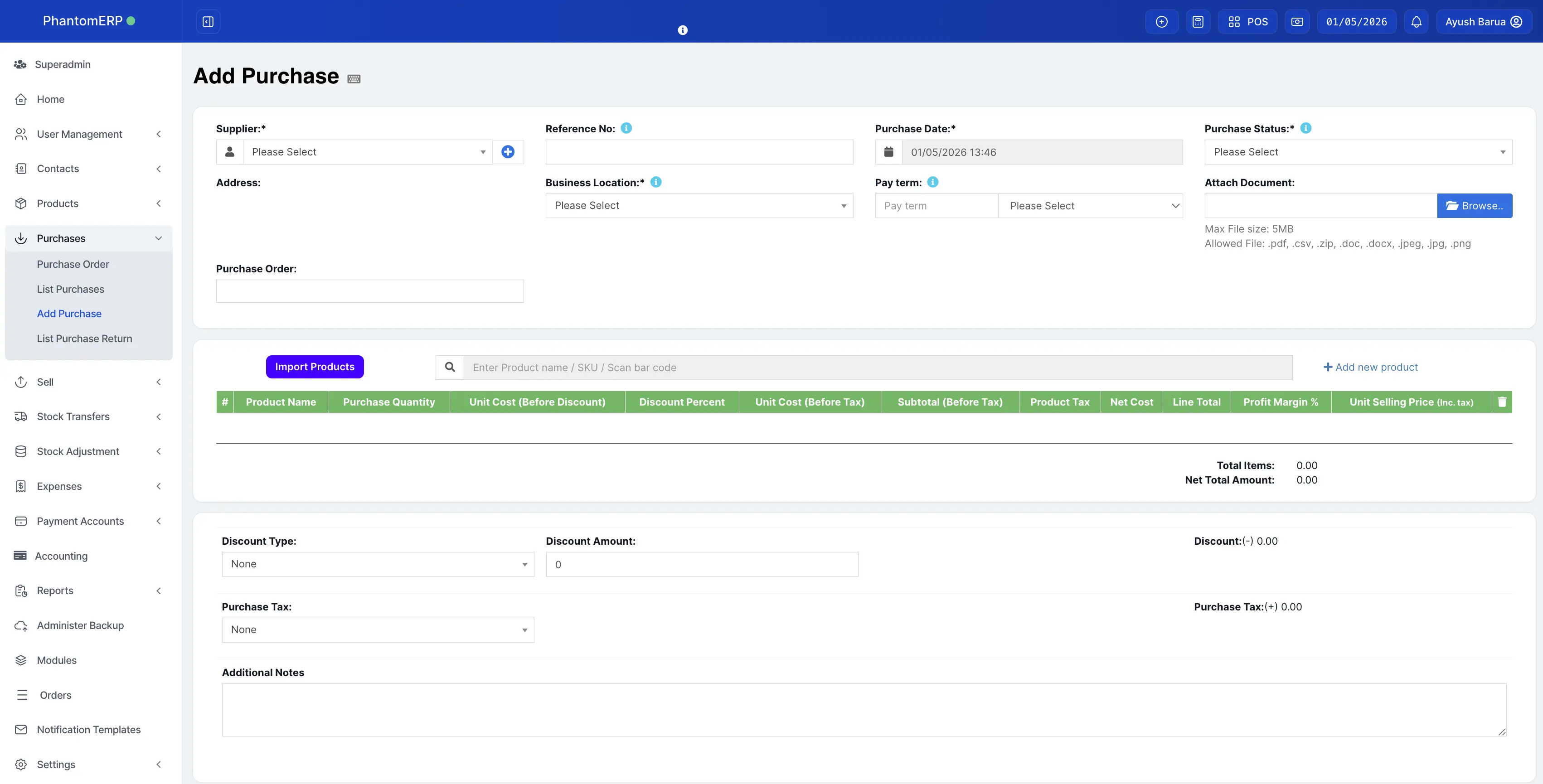Purchasing screen: suppliers, POs, receiving, and costs
