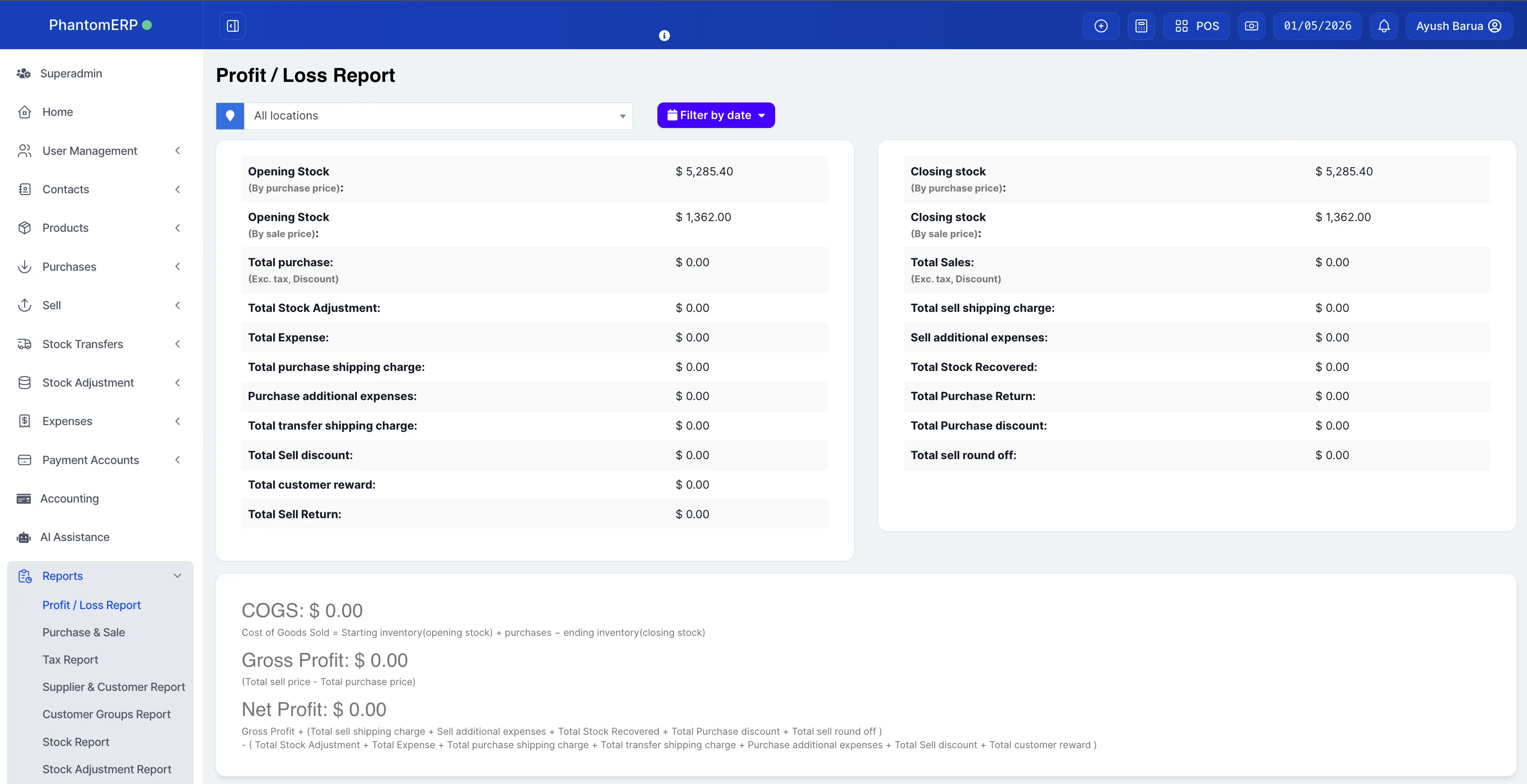 Reports screen: dashboards, filters, exports, and KPIs